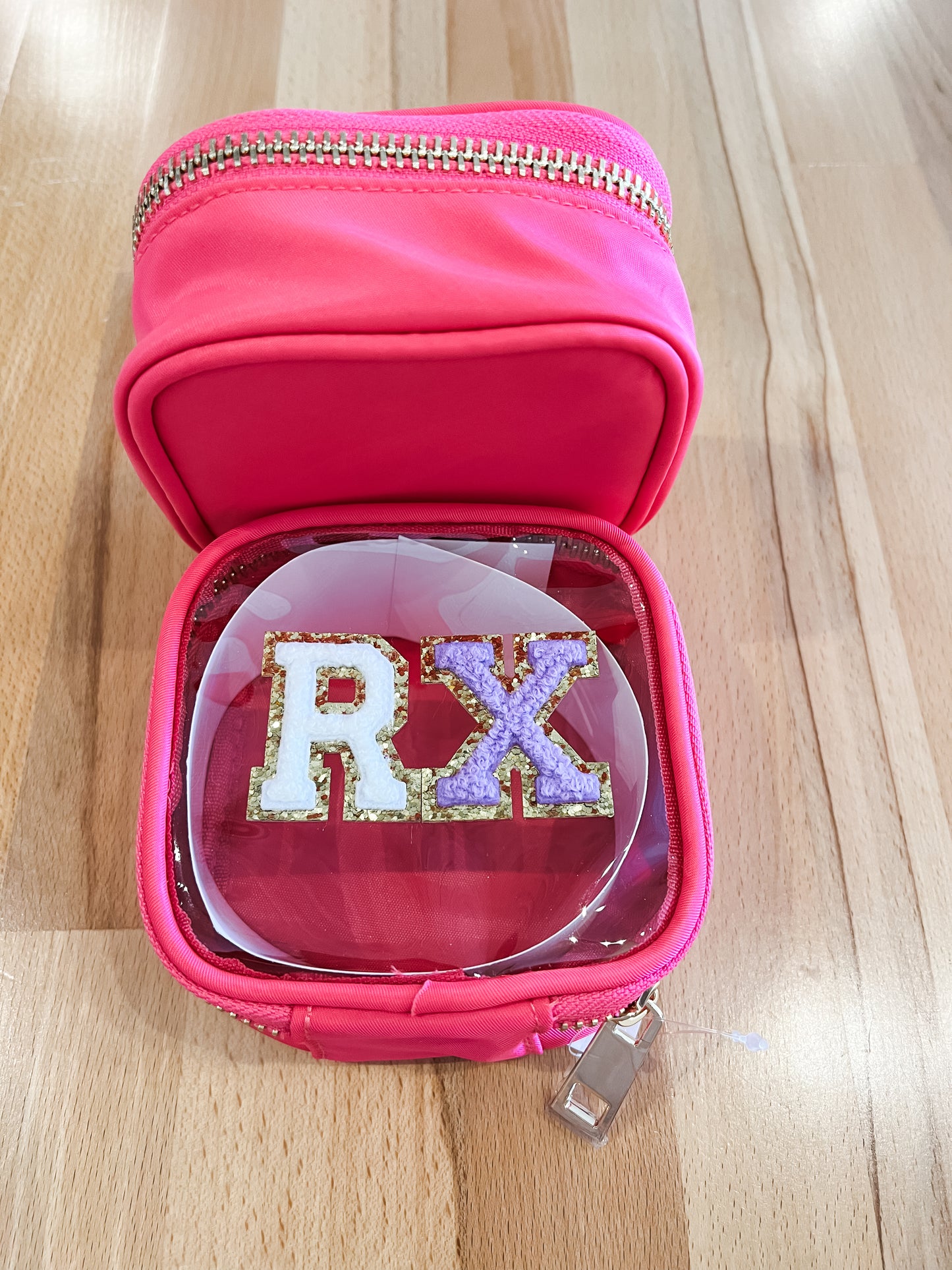 Varsity Letter Patch Clear Pouch Bag- Pink RX (White + Purple Letters)