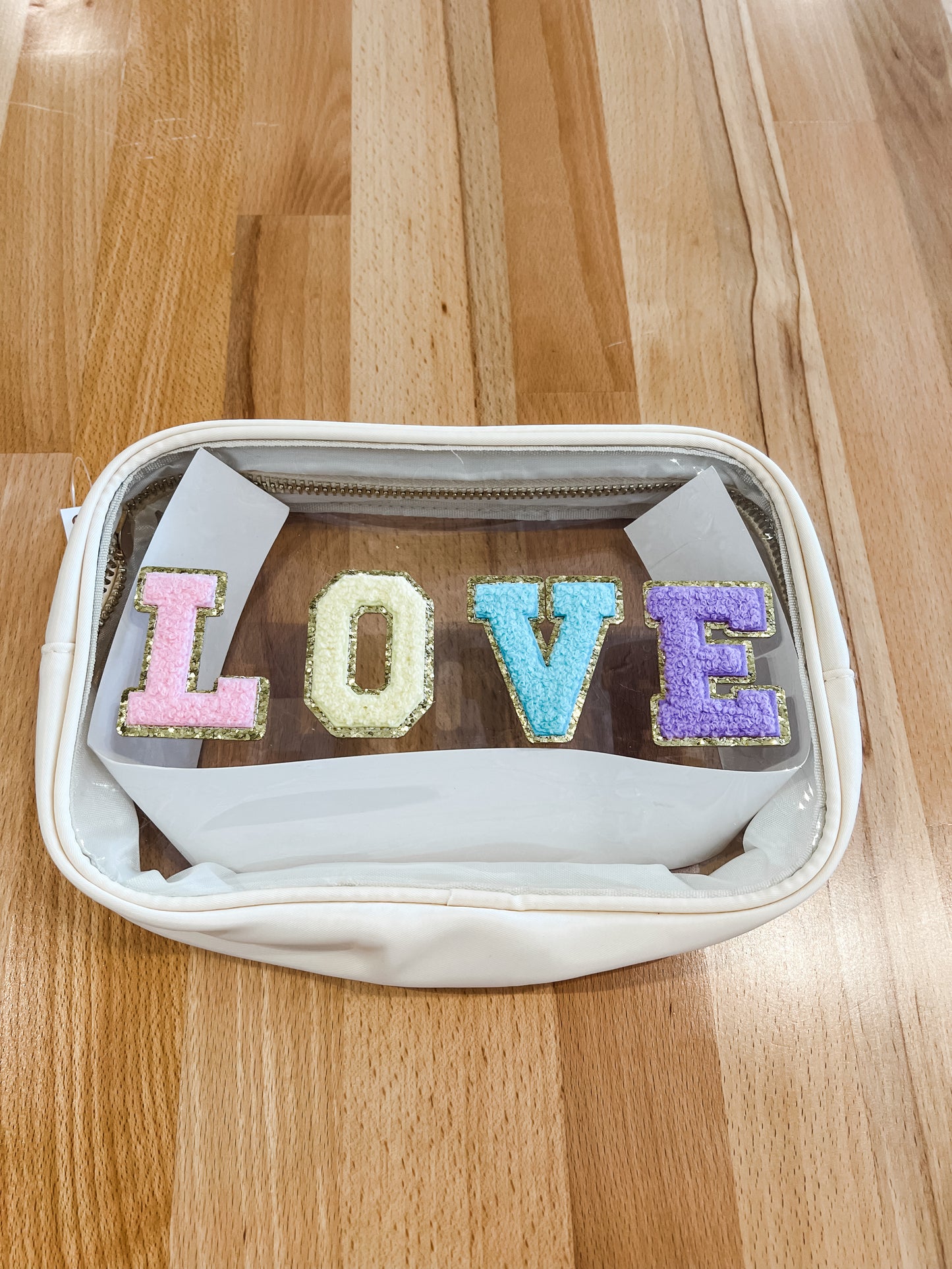 Varsity Letter Patch Clear Pouch Bag- Tan Love