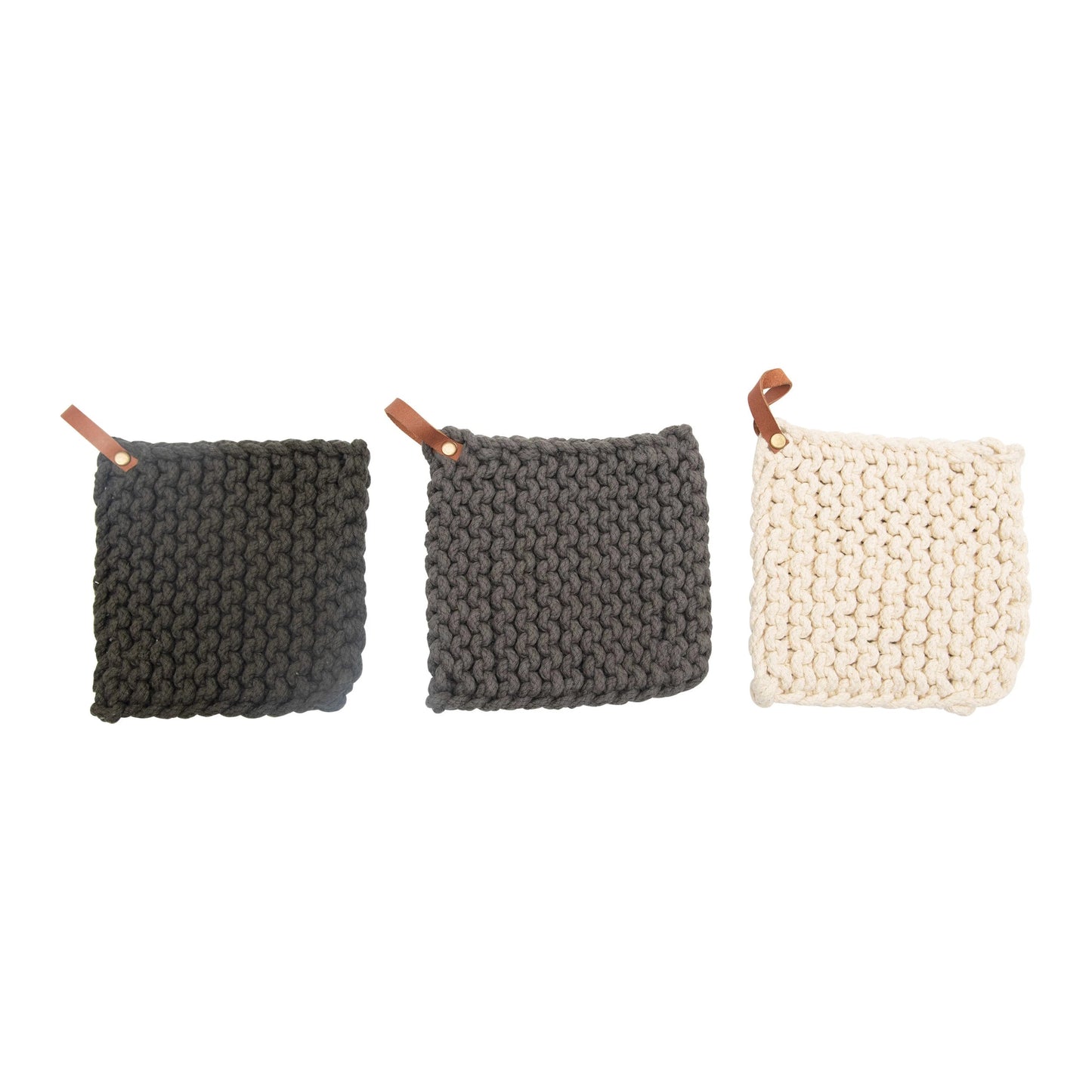 Crocheted Pot Holder W/ Leather Loop- Grey